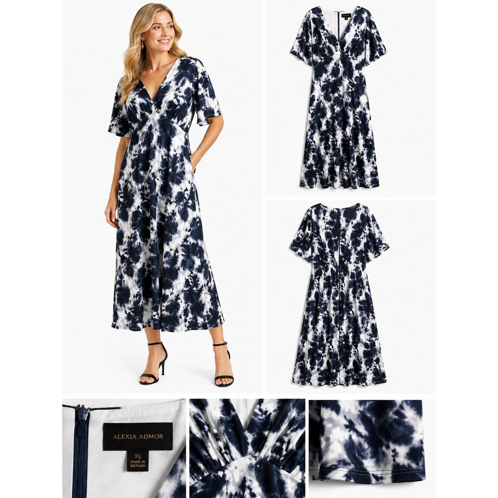 Alexia Admor Dress XL BlueBlack White Tie Dye V-Neck Midi Abstract Wedding